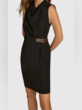 New! Donna Karan Black Designer Side Belt Detail Sheath Dress — Size 8